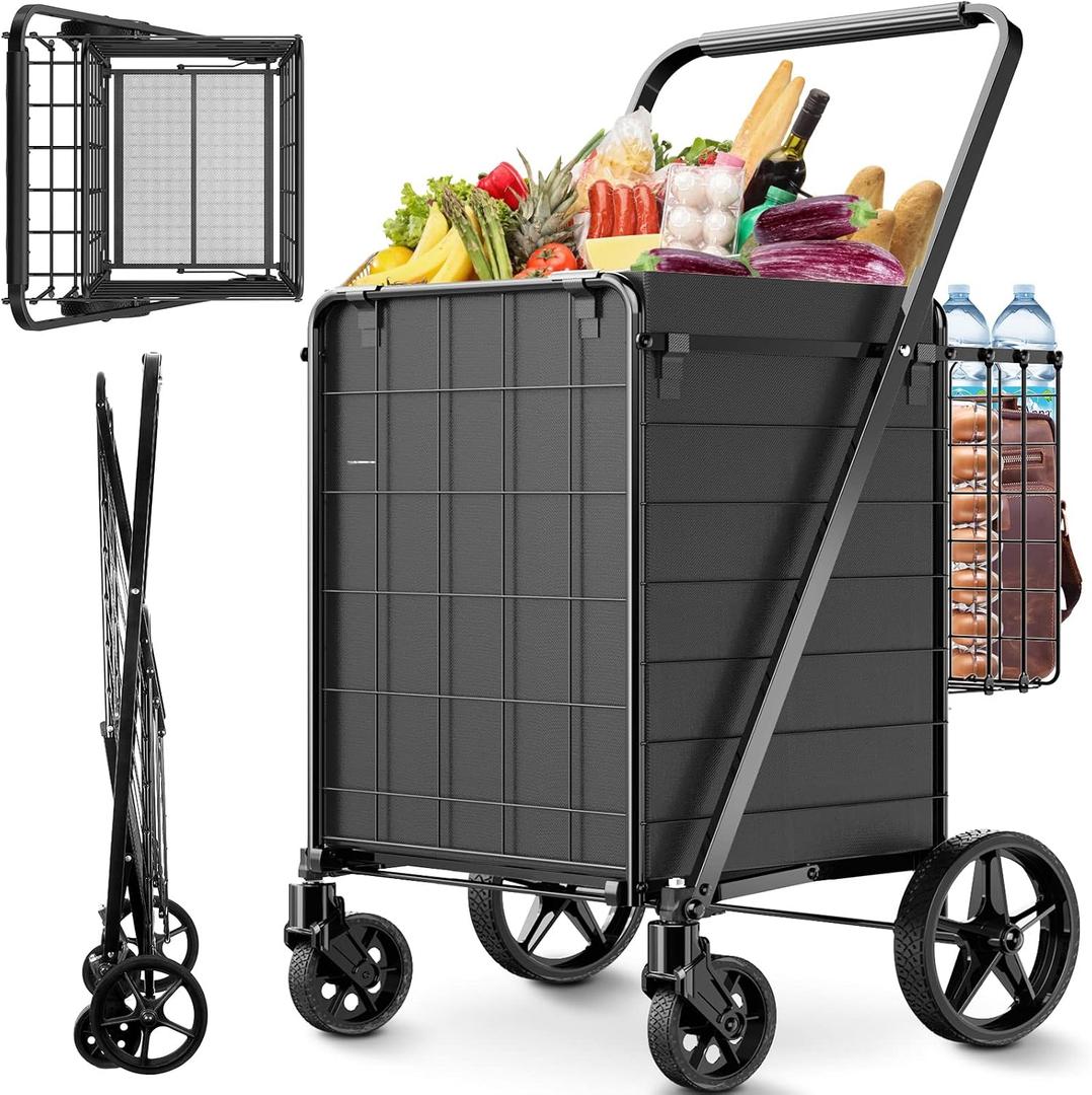 Folding Shopping Cart for Groceries,360 lbs Capacity Grocery Cart with Waterproof Liner and 360 Swiveling Wheels Collapsible Shopping Carts with Double Basket for Condo Laundry Transport Trip