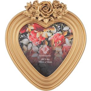 Concepts 4x4 Gold Ribbed Resin Heart Shaped Picture Frame With HD Clear Glass, Extra Durable Photo Frames -Tabletop Display (1 Pack)