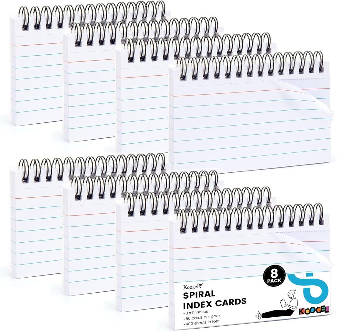 Koogel 400PCS Index Cards 3x5, Flash Cards with Waterproof Covers for Back to School, Lined Heavy Weight Notecards Ruled Study Flashcards with Spiral for Students Teachers Studying Learning, White
