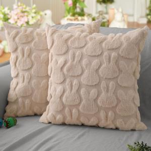 DFXSZ Easter Pillow Covers 16x16 inch Set of 2 Easter Decoration Beige Rabbit Soft Plush Faux Fur Jacquard Throw Pillows for Bedroom Sofa Holiday Festivals Home Decor FHJ-010C16
