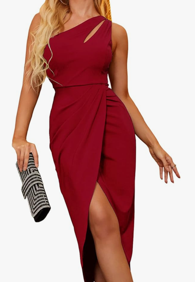 Women's Sexy One Shoulder Bodycon Formal Dress 2023 Summer Cutout Ruched Slit Wrap Cocktail Party Midi Dresses L