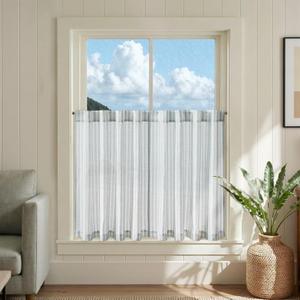 jinchan Striped Linen Kitchen Curtains 36 Inches Tier Curtains Farmhouse Modern Cafe Style Small Window Treatments Airy Light Filtering Rod Pocket for Living Room Bathroom 2 Panels Aqua Blue