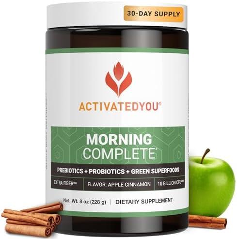 ACTIVATEDYOU Morning Complete Daily Wellness Greens Superfood Drink Mix for Gut Health w/Prebiotics, Probiotics, Antioxidants, Green Superfoods, 10 Billion CFUs, 30 Servings (Apple Cinnamon), Best Before 11/14/2024 