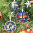 2 x Cross 3.5 Inch Ceramic Christmas Hanging Ornament - Cross Spring Flower