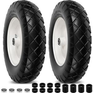 4.80/4.00-8" Flat Free Wheelbarrow Tires and Wheels, 16" Universal Fit Solid Tires with 5/8" or 3/4" Bearing, 3"-7" Hub, Adapter Kit Hand Truck Wheels Replacement for Garden Trailer, Wagons, 2 PCS