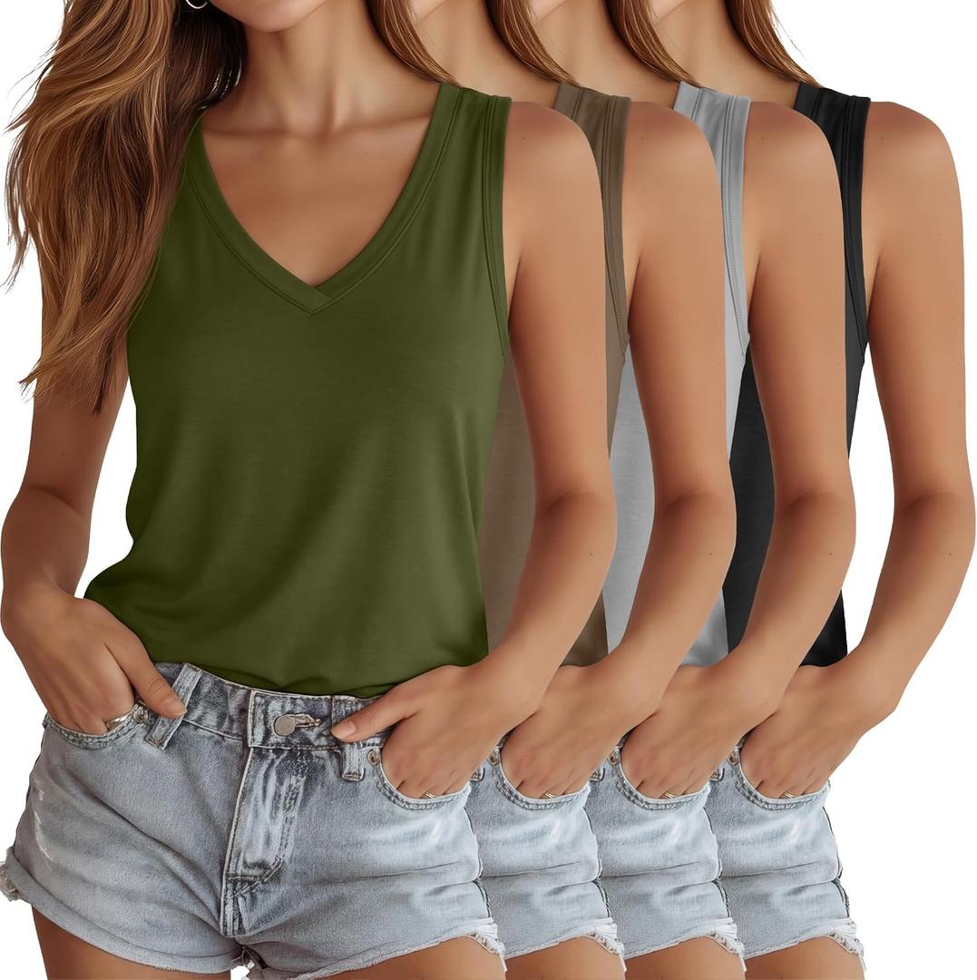 Riyiper 4 Pack Women's Tank Tops V Neck T Shirts Loose Fit Summer Sleeveless Casual Tee Blouse 2026 Fashion Vacation Clothes (Black, Light Grey, Coffee, Army Green)