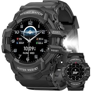 MIDDOW Military Smart Watch with Flashlight (Answer/Make Call) Compass, Heart Rate/Sleep/Sports Tracker, IP68 Waterproof, Long Battery Life, HD Screen, Android & iOS (Black)