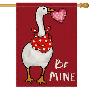 Valentines Day House Flags for Outdoor Decoration, BE MINE Funny Goose with Love Heart Large Yard Flag, Seasonal Decorative Decor for Holiday Anniversary Wedding Outside 28x40 Inch Double Sided