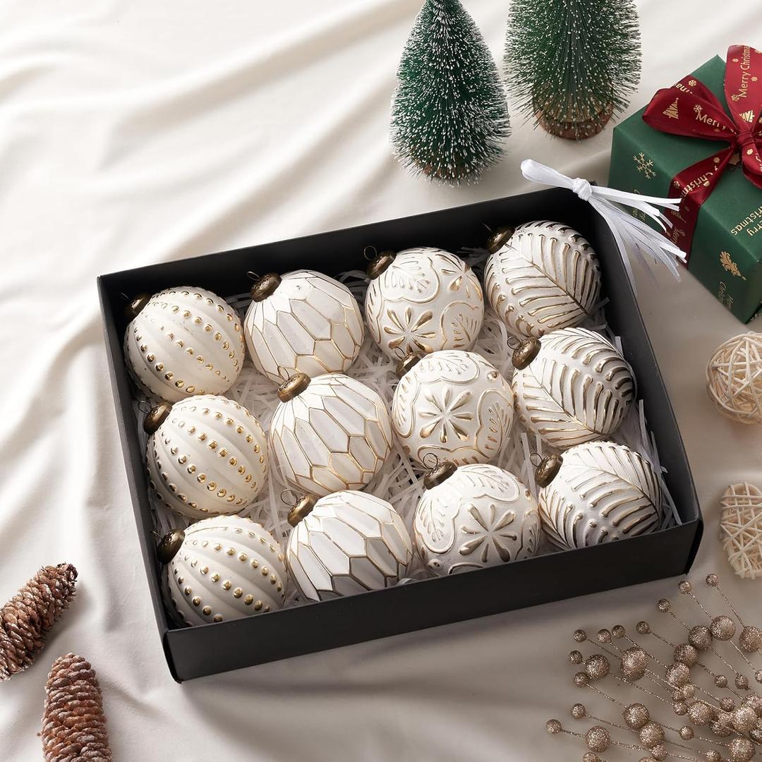 Champang Christmas Tree Ornaments Ball, 12 Pcs 4 Styles Hand-Polished Christmas Balls Shatterproof Xmas Hanging Ornaments Decor Set for Tree Garland Wreath