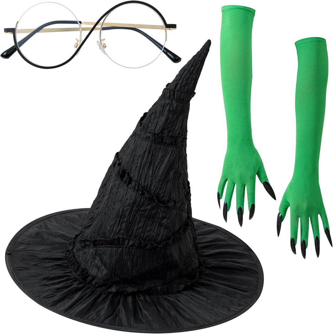 3 Pcs Witch Costume for Women Halloween Cosplay Costume Set with Witch Hat Green Claw Gloves and Glasses (Black)