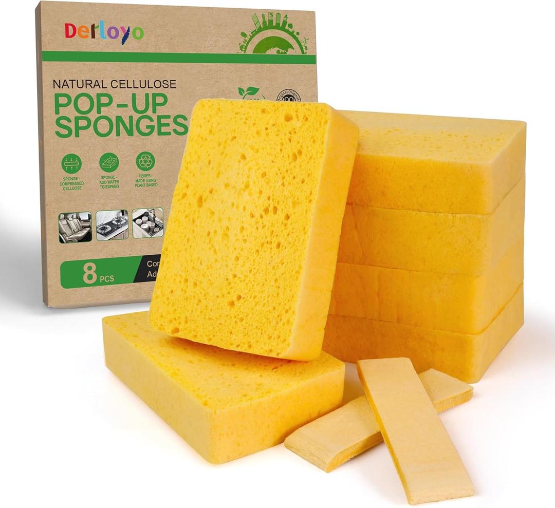 8-Count Pop Up Cellulose Sponges | Non-Scratch Eco-Friendly Kitchen Sponges for Dishes, Bathroom, Cars | Tear-Resistant Natural Scrub Sponges | Biodegradable Compostable Cellulose (Yellow)