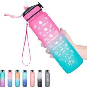 Hyeta 32 oz Water Bottles with Times to Drink and Straw, Motivational Water Bottle with Time Marker, Leakproof, Drinking Sports Water Bottle for Fitness, Gym and Outdoor (Pink-Green)