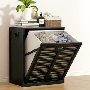 VASMIA Tilt Out Laundry Hamper, Bamboo Laundry Cabinet with Hidden Removable Basket,Dirty Clothes Storage Organizer for Bedroom, Bathroom, Living Room, Black