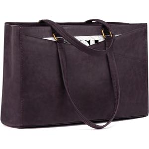 LOVEVOOK Women's Vintage Leather Work Tote, 15.6 Inch Laptop Bag, Waterproof Business Bag, Retro Purple