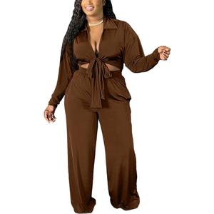 2 Piece Outfits for Women Sexy V Neck Print Shirts Tie Knot Batwing Blouses Crop Top Wide Leg Pants Set (Medium, 0819-brown)