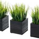 MyGift Artificial Green Grass Plants in Vintage Black Wood 4 Inch Planter Boxes, Faux Greenery in Decorative Square Crate Style Wooden Containers, Set of 3