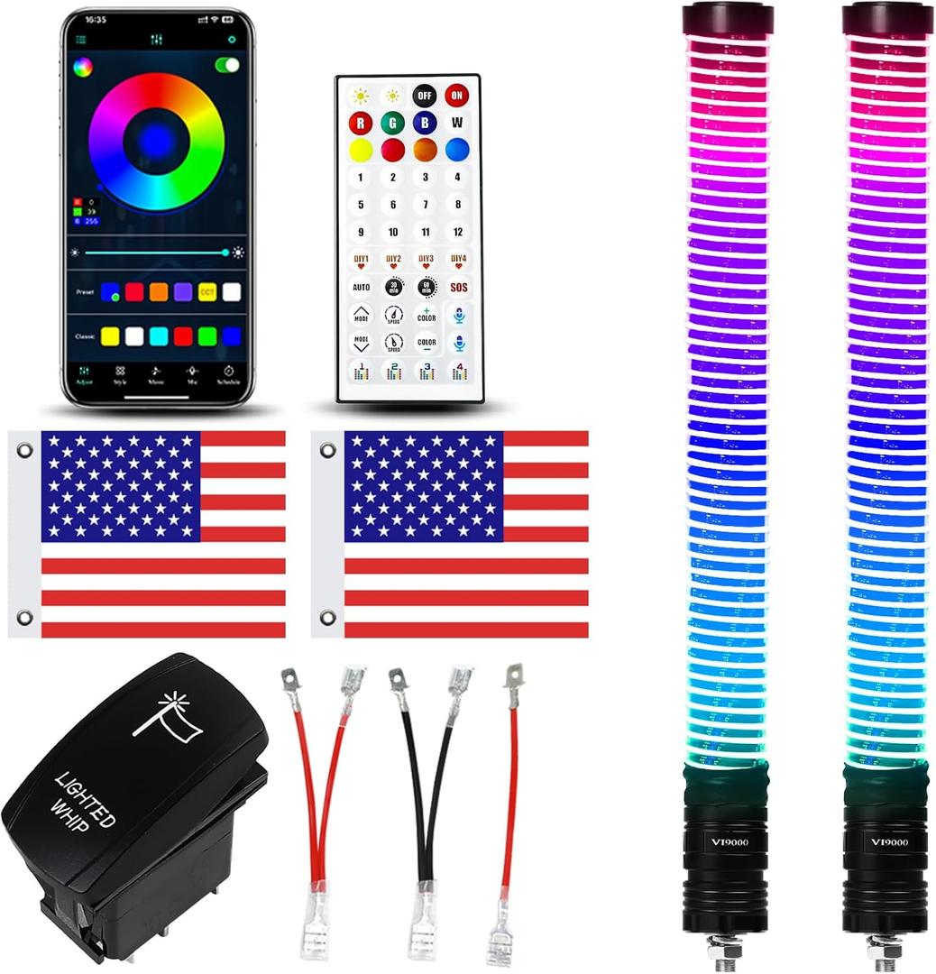 2pc 2FT COB Fat Whip Lights with App & Remote Control Compatible with Polaris RZR Can-Am Maverick X3, Spiral RGB Chasing LED Whip Lights with Rocker Switch for Side by Side, SXS UTV ATV Boat