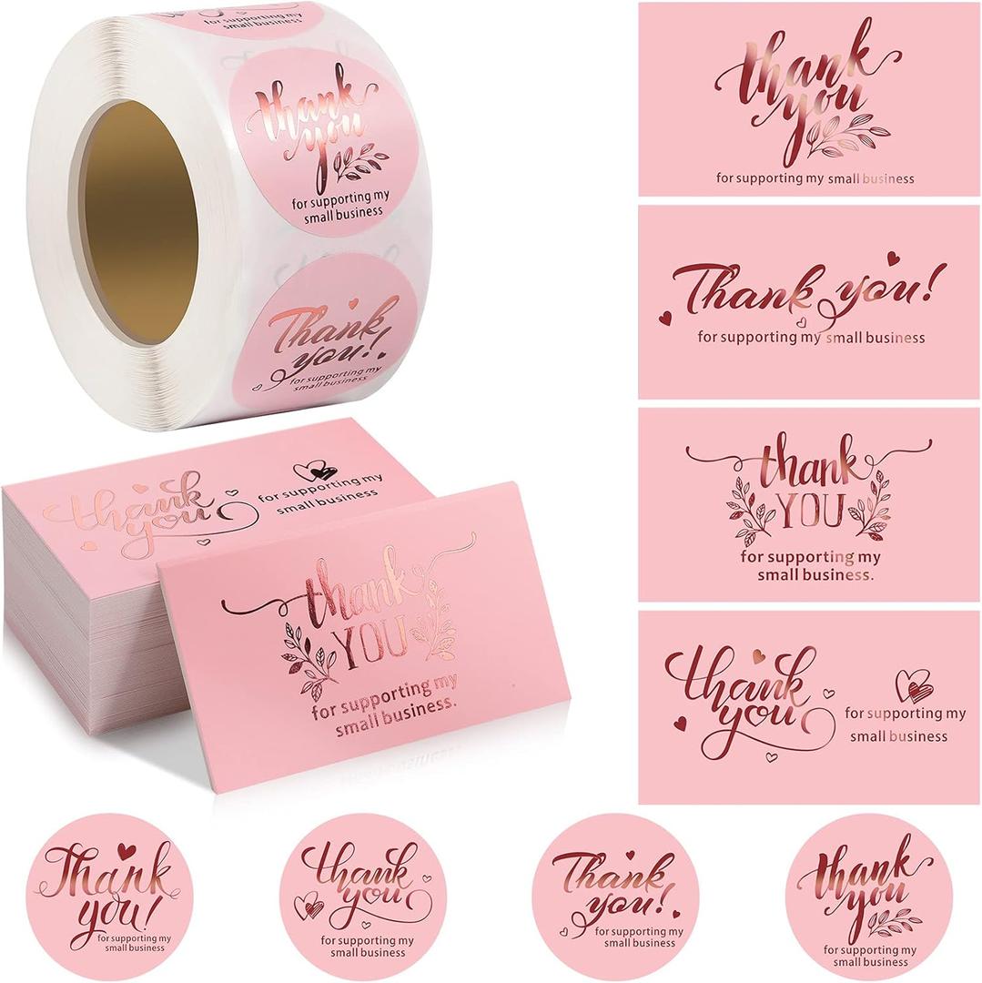 Outus 600 Pieces Thank You for Supporting My Small Business Cards and Stickers Set - Pink Gold Foil Thank You Cards for Retail Store Package Insert Envelope Seals Business Owner Sellers