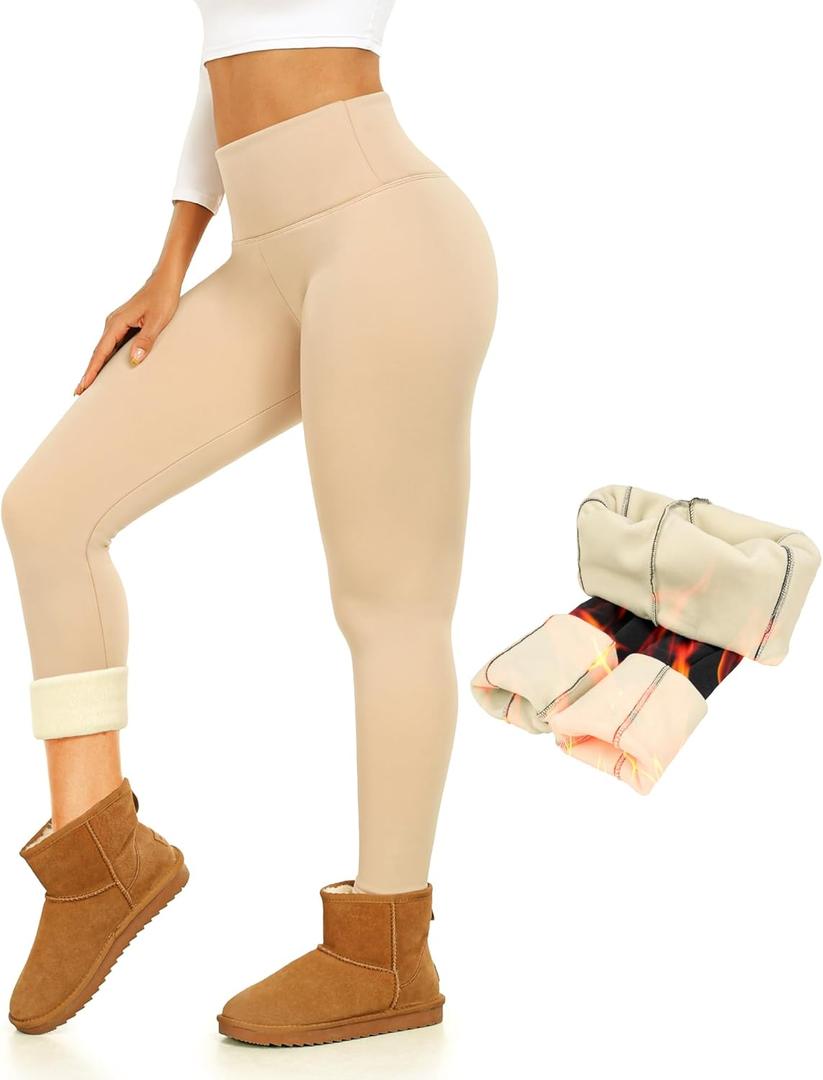 Thermal Thick Fleece Lined Leggings, High Waisted Warm Winter Yoga Pants for Women Running Workout Leggings (Medium, Nude Beige)