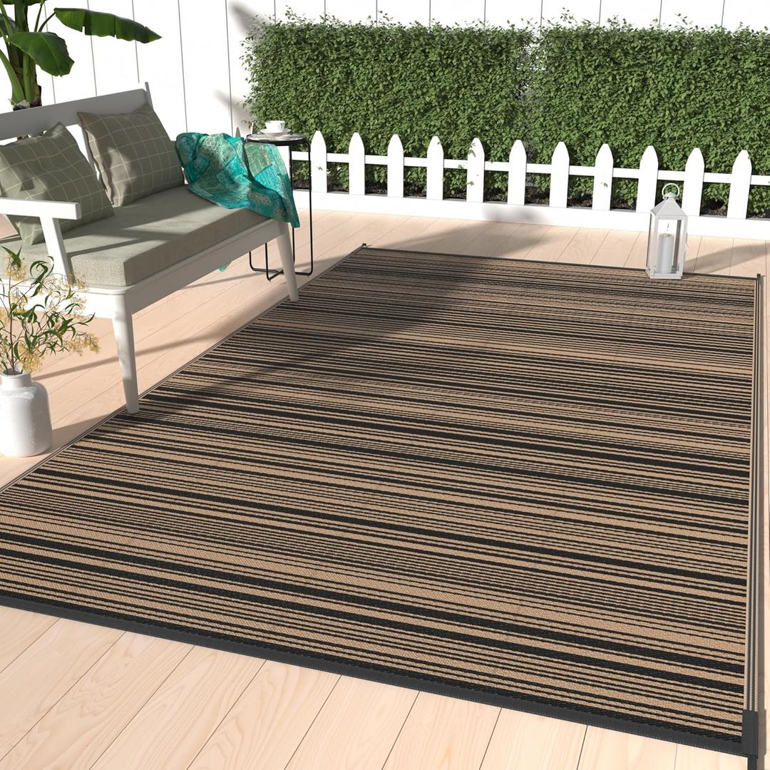 GENIMO Outdoor Rug for Patio Clearance, 9'x12' Waterproof Rugs, Lightweight Plastic Straw Carpet, Reversible Mats for Camping, Porch, Deck, Rv, Backyard, Camper, Balcony, Black & Brown (9' x 12')