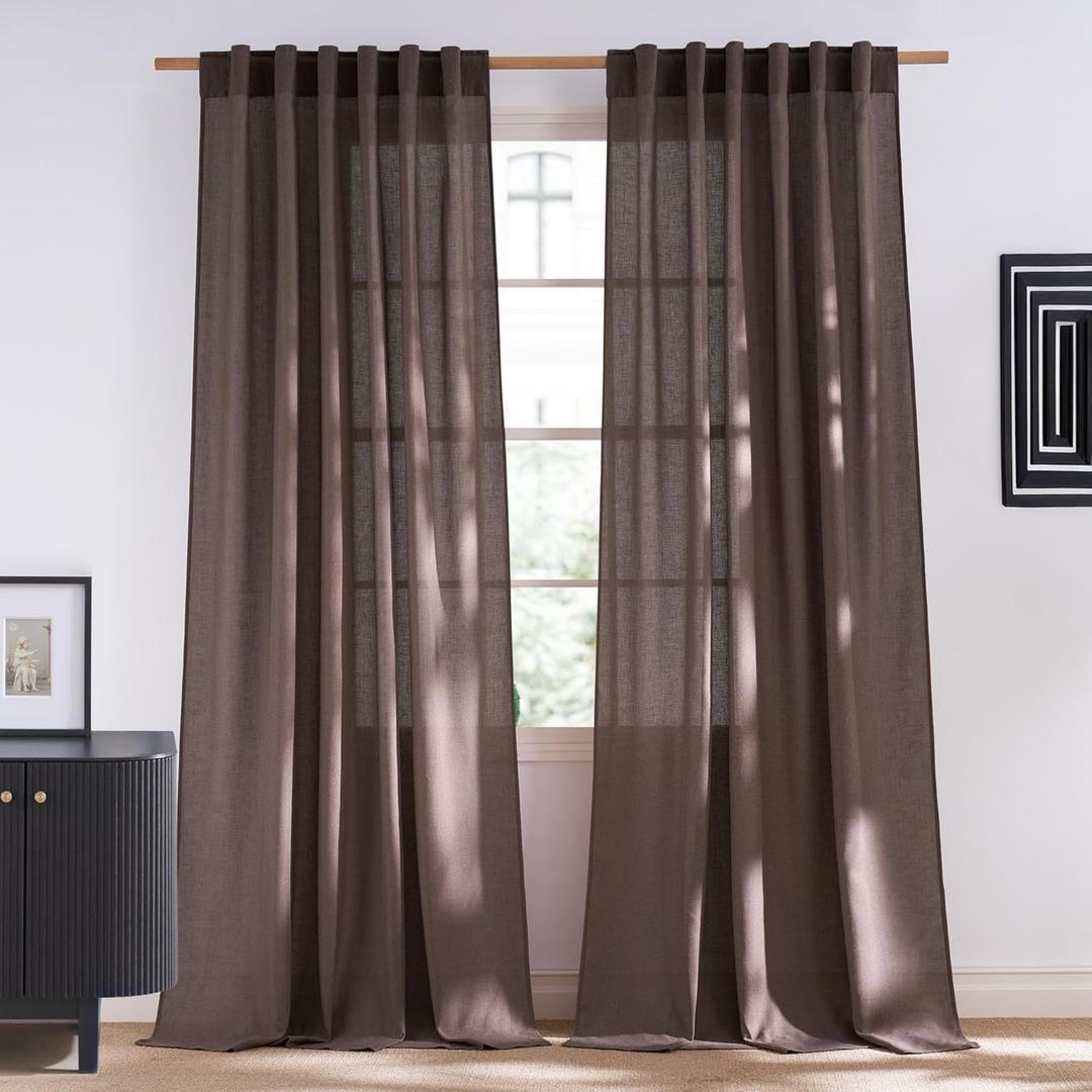 NICETOWN Linen Brown Curtains 102 inches Long for Bedroom, Rod Pocket & Back Tab Privacy Added with Light Filtering Thick Flax Linen Burlap Window Treatments for Living Room, W55 x L102, 2 Panels