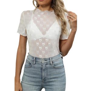 Women's Mesh Lace Top Sheer Short Sleeve T Shirt Mock Neck Summer Blouses (White, M)