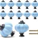 12 Pack Light Blue Pumpkin Knobs Ceramic Cabinet Knobs Retro Dresser Knobs Vintage Drawer Knobs Pulls for Vanity, Closet