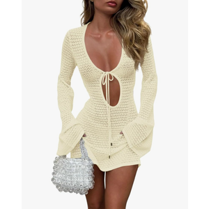 Saodimallsu Womens Crochet Swimsuit Cover Up Long Bell Sleeve V Neck Tie Mesh Knit Summer Beach Dress Vacation Outfits M-L Light Yellow