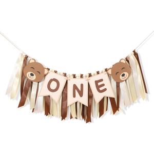 Bear One Birthday Banner - Woodland Theme High Chair Decor for Boy/Girl, First Birthday Party Decoration, Cake Smash Photo Props, Bear Theme Banner