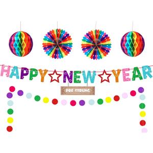 New Years Decorations 2026, Rainbow Glitter Happy New Year Banner Backdrop New Years Eve Party Supplies 2026 with Honeycomb Balls Paper Fans Paper Happy New Year Sign Party Supplies Favors