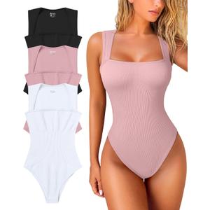 OQQ Women's 3 Piece Bodysuits Sexy Ribbed Strappy Square Neck Sleeveless Tummy Control Tank Tops Bodysuits (Large, Black, Hide Pink, White)