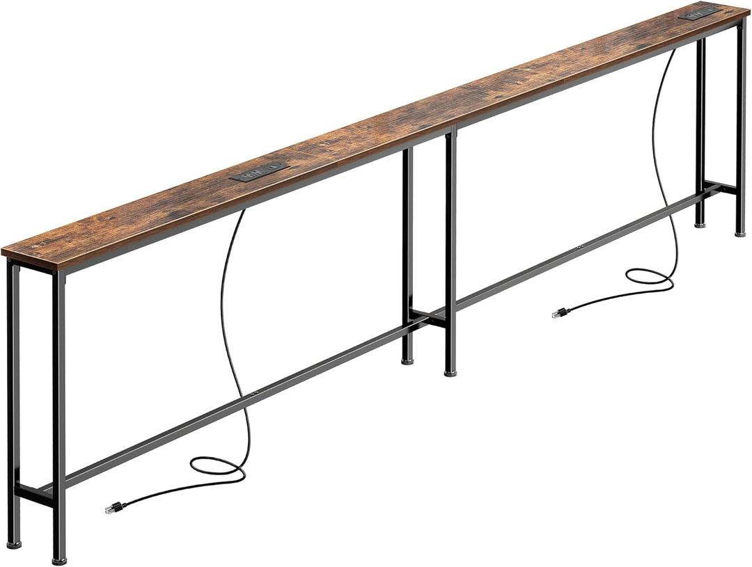 SUPERJARE 102 Inch Sofa Table with 2 Power Outlets and USB-C Ports, 5.9 Inch Narrow Console Table with Storage, Extra-Long, for Entryway Hallway Couch Behind Sofa, Small Spaces, Rusitc Brown