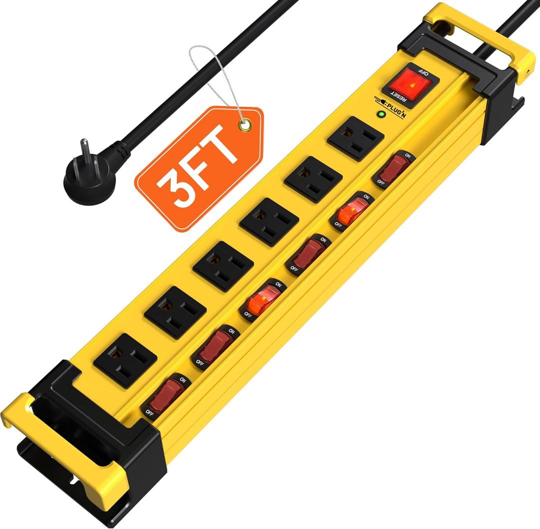 Power Strip Surge Protector 2700J with Individual Switches and Flat Plug, 3FT Heavy Duty Cord 6 Wide Spaced Outlet Mountable Metal Power Strips with Cord Manager and Hanger