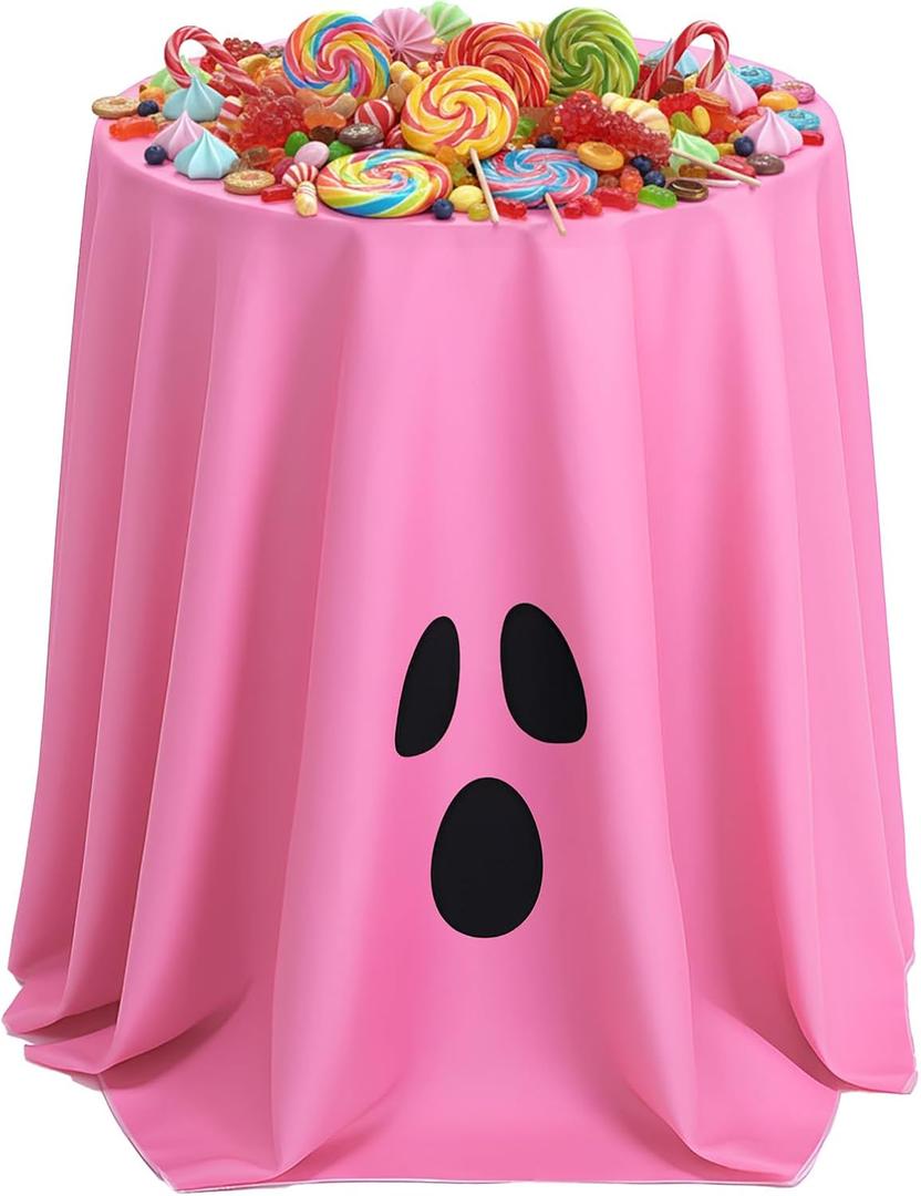 Tellingyou Halloween Tablecloth 70x70 Inch Round Cute Ghost Pumpkin Vampire Bat Polyester Washable Table Cover for Halloween Party Decoration (Pink,Ghost)