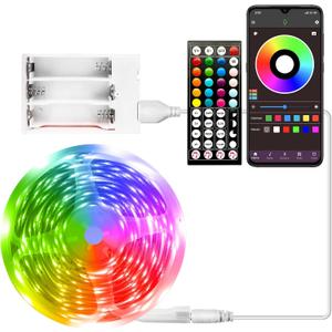 RUISHINE Battery Powered LED Strip Lights 25 ft, Color Changing Music Sync App Remote Control RGB USB Lights for Bedroom, TV, Room (25ft)