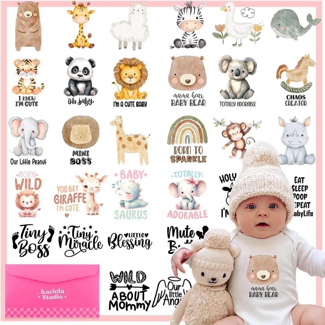 Kaciola 30 Sheets Baby Shower Games Iron on Transfers, Animal DTF Transfers Ready to Press Baby Bodysuit Making Stickers Iron on Decals for T Shirts Hoodie DIY Crafts (Animal)