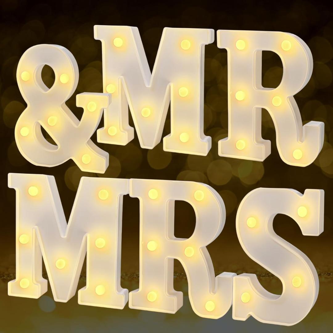 JUSTOTRY 6Pcs Mr & Mrs LED Light Up Letters, Shiny Freestanding Mr and Mrs Sign Lights for Marriage Anniversary Celebration Engagement Banquet Wedding Table Decoration (Warm White)