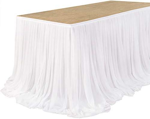 Ling's Moment 14FT White Chiffon Table Skirt Recycle Use Extra Long Sheer Tablecloth for Backyard Wedding Reception Decorations Birthday Party Cake Dessert Decor