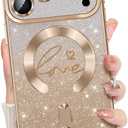 Misscase Magnetic Glitter Case for iPhone 17 Pro Max,Gradient Love Hearts Plating Phone Case Compatible with MagSafe,Built-in Camera Lens Protector,Cute Full Cover Protection Case for Women-Gold