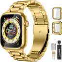 Lerobo Compatible with Apple Watch Band 44mm 42mm 40mm 38mm 41mm 45mm 46m 49mm, Solid Stainless Steel Metal Band with 2 Pack Protective Cover Case for iWtach Series 11 10 9 8 7 6 5 4 3 SE Ultra Men Women (Gold)