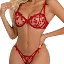 Lilosy Sexy Underwire Cute Push Up Strappy Embroidered Mesh Sheer Lingerie Set See Through Panty Bra, X-Small