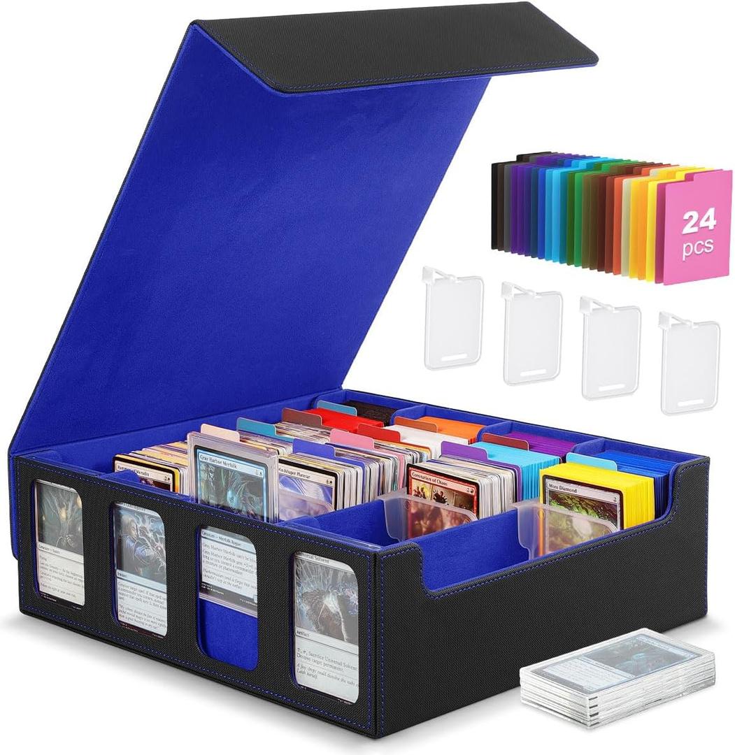 MoKo Card Storage Box for Trading Cards, 3000+ MTG Deck Box with 24 Colorful Dividers & 4 Card Supporters, Commander Card Deck Case with Display Window, Fits for Magic Game Cards, YugiOh, Black Blue