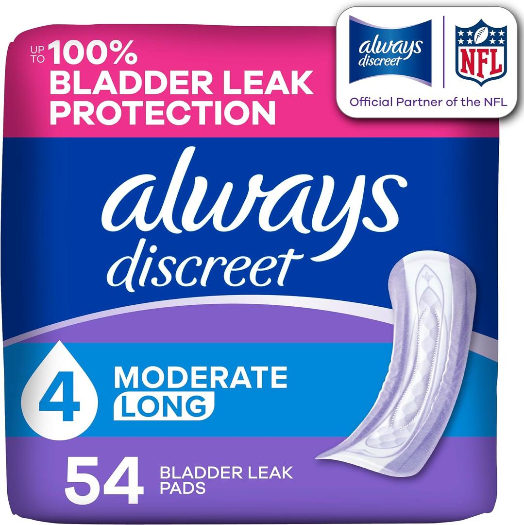 Always Discreet Adult Incontinence Pads for Women, Drier, 4 Drop Long Length, Moderate Absorbency, Pads for Bladder Control Management, Bladder Leaks, & Postpartum Pads, 54ct
