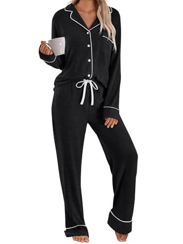 LILLUSORY Women's Long Sleeve Pajama Set - Soft Button-Down Top & Comfortable Drawstring Pants with Pockets Black L