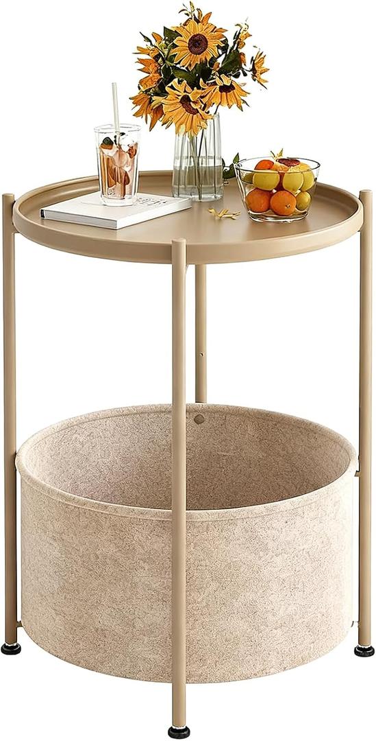 Small Round Side Table with Felt Storage Basket, Metal End Table with Removable Tray and Adjustable Feet, Accent Table for Nursery, Bedroom, Living Room, Laundry Room, Gold