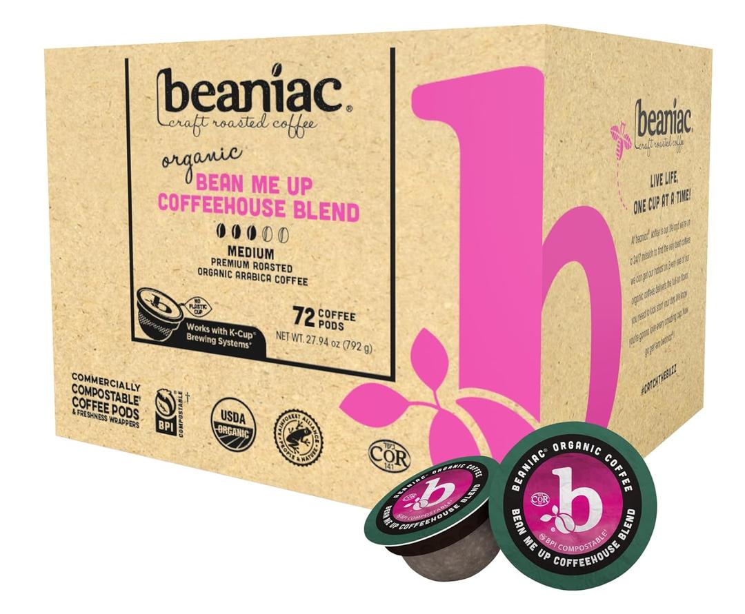 beaniac Organic Bean Me Up Coffeehouse Blend, Medium Roast, Single Serve Compostable K Cup Coffee Pods, Organic Arabica Coffee, Keurig Brewer Compatible, 72 Count (72 Count (Pack of 1))