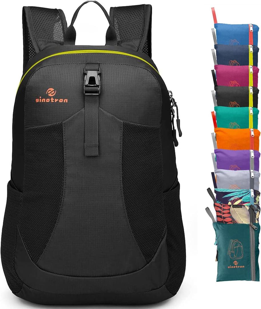 sinotron 22L Lightweight Packable Hiking Backpack, Small Hiking Backpack Day Pack for Women Men Travel Camping Vacation (Black)