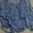 Women's Jumpsuit Sexy V Neck Twist Spaghetti Straps Double Layer Ruffle Hem Mini Short Romper (Medium, Blue Floral)