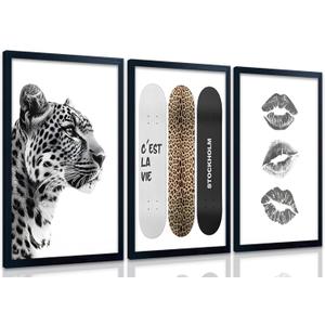 Framed Stockholm Style Canvas Wall Art Set of 3 Black and White Fashion Leopard Print Lips, Preppy Room Aesthetic Cheetah Wall Decor for Girls Bedroom Apartment or Dorm12x16 Inch Black Wood Frame