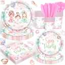 120PCS Spa Party Supplies Pink Makeup Themed Birthday Party Decorations for Girls Child Kids Slumber Sleepover Pajama Tableware Set Plates Napkins Cups Forks Knives for 20 Guests